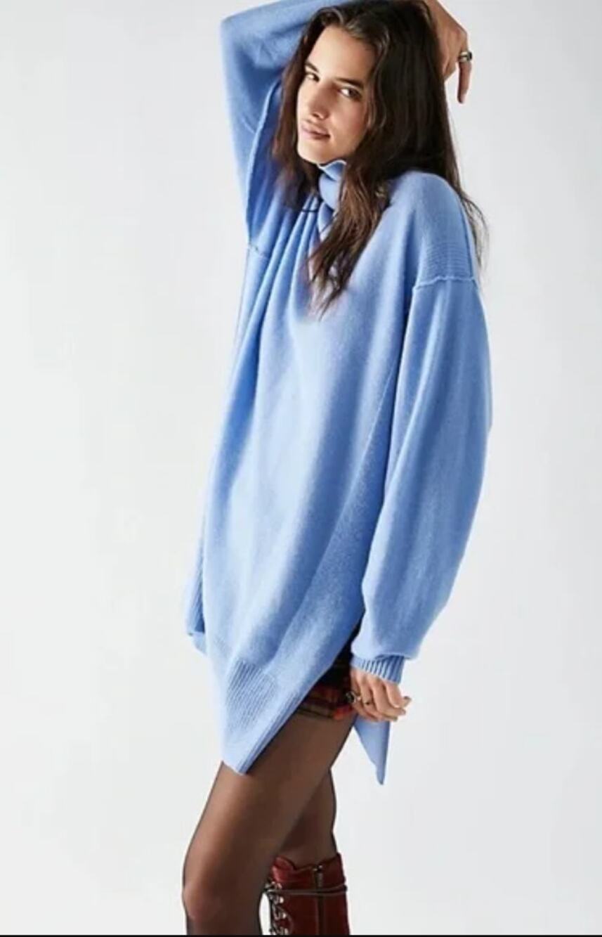 Free People JESSIE 100% Cashmere Turtleneck Sweater Tunic Blue Mist XS NWOT $268
